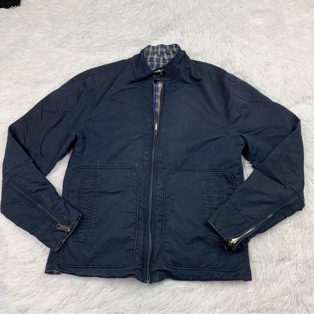 Fossil men reversible mock neck plaid‎ jacket full zip navy blue pockets